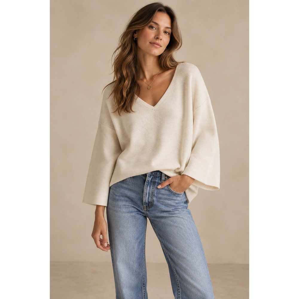 Madewell Cream Ribbed V-Neck Sweater Wide Sleeve Cotton Pullover XL